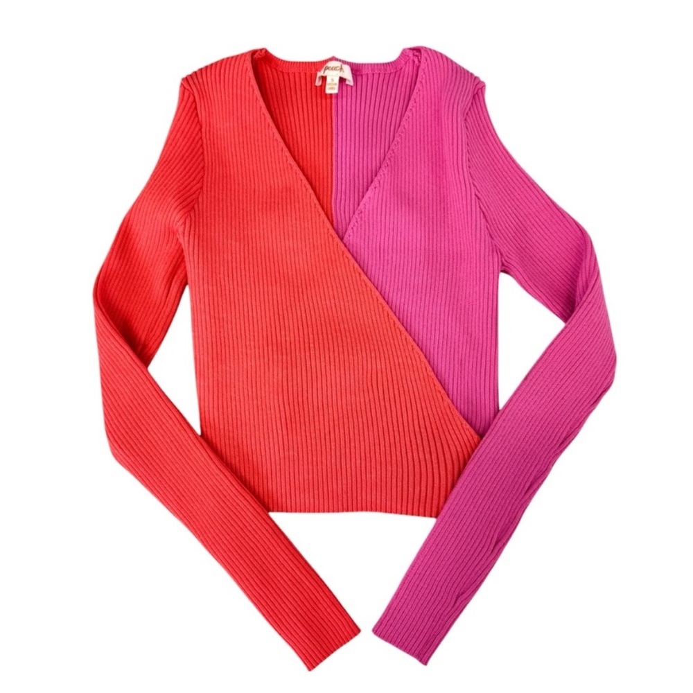 Peach Couture Women's V-Neck Sweater - Coral and Magenta - Picture 3 of 6